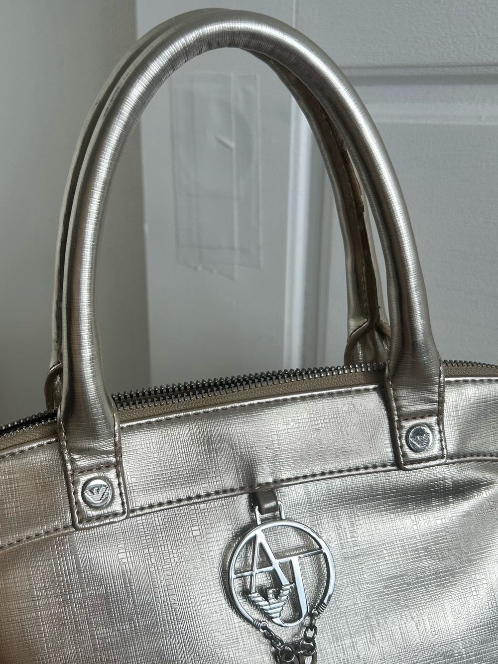 Armani Jeans Metallic Gold Dome Satchel Logo Tassel Handbag